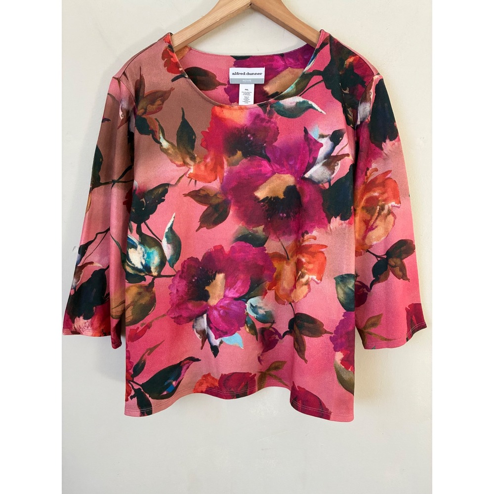 Alfred Dunner Y2K Artsy Petite Floral Knit Top Pink Magenta 3/4 Sleeve PXL